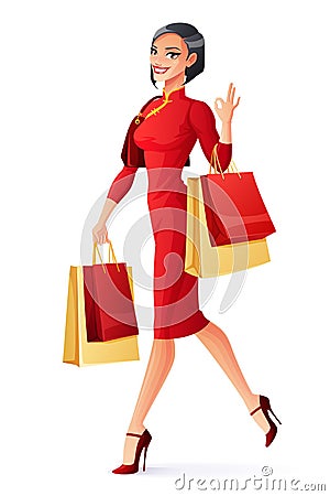 Vector beautiful Chinese woman walking with shopping bags showing OK. Vector Illustration