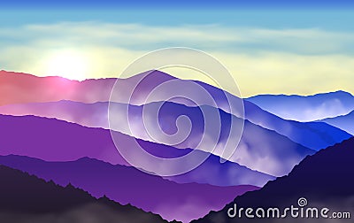 Vector beautiful colorful silhouettes of misty mountains with sun and clouds in the sky Vector Illustration