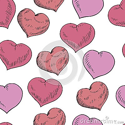 Vector doodle various hearts illustration st valentine`s seamless pattern in red, Violet colours isolated on white background Vector Illustration