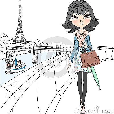 Vector beautiful fashion girl in Paris Stock Photo