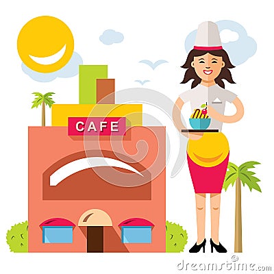 Vector Beautiful female chef with delicious dessert. Flat style colorful Cartoon illustration. Vector Illustration