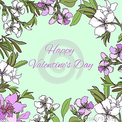 Vector beautiful flower card Happy Valentine`s Day in gentle colors. Vector Illustration