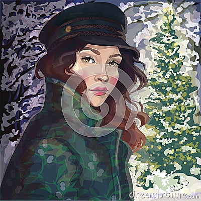 Girl in coat and hat in winter park Vector Illustration