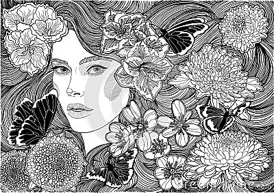 Girl and black and white flowers and butterflies Vector Illustration