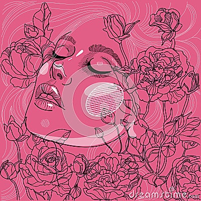 Fairy portrait in blooming roses Vector Illustration