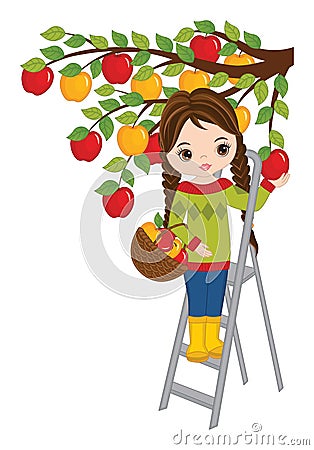 Vector Beautiful Girl Picking Apples from Tree Vector Illustration