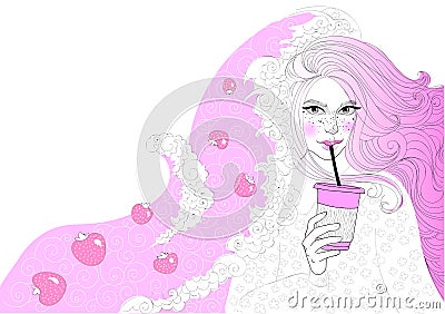 Vector beautiful girl with a strawberry milkshake Vector Illustration