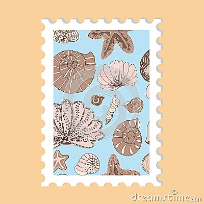 Vector beautiful hand drawn post stamp. Modern vector isolated post stamp design. Seashells and stars post stamp. Mail and post Vector Illustration