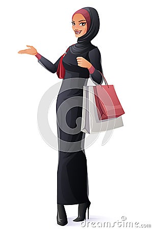 Vector beautiful Muslim woman in hijab standing with shopping bags. Vector Illustration