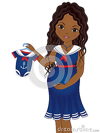 Vector Pregnant African American Woman Dressed in Nautical Style Vector Illustration