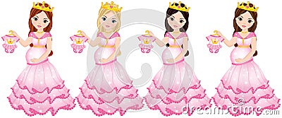 Vector Beautiful Pregnant Women Dressed as Princesses Vector Illustration