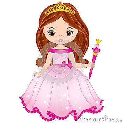 Vector Beautiful Princess with Magic Wand in Pink Dress. Vector Princess Vector Illustration