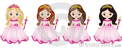 Vector Beautiful Princesses with Various Hair Colors Vector Illustration