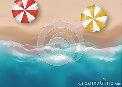 Vector beautiful realistic top view illustration of sandy summer beach with umbrellas and footprints - template for your poster of Vector Illustration