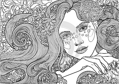 Vector beautiful sea goddess, mermaid, girl among flowering algae, coloring Vector Illustration