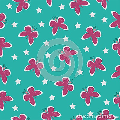 vector beautiful seamless pattern green turquoise with pink insect butterflies Vector Illustration