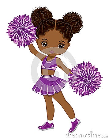 Cute African American Cheerleader Dancing with Pom Poms. Vector Black Cheerleader Vector Illustration