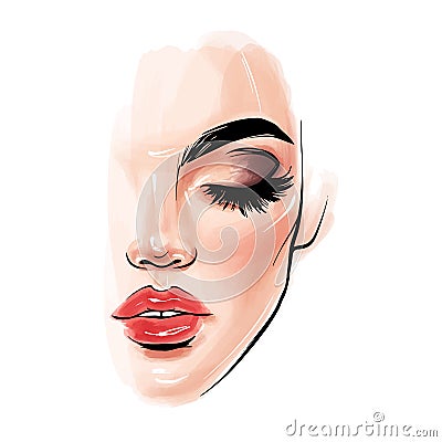 Vector beautiful woman face. Girl portrait with long black lashes Vector Illustration