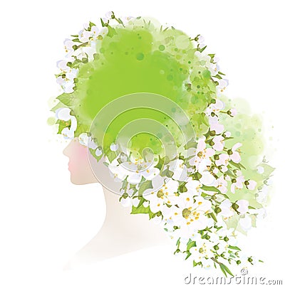 Vector beautiful woman with spring flowers on head. Vector Illustration