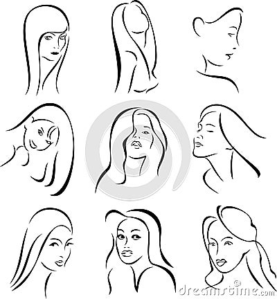 Vector Beautiful Women Silhouette Series Line Art Vector Illustration