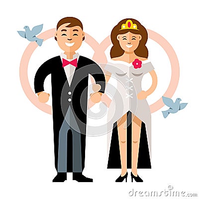 Vector Beautiful young bride and groom couple. Happy newlyweds. Flat style colorful Cartoon illustration. Vector Illustration