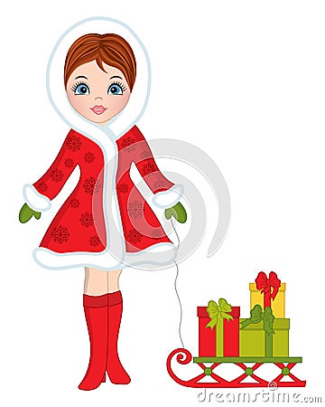 Vector Beautiful Young Girl with Sledge and Christmas Gifts Vector Illustration