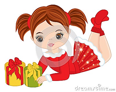 Beautiful Young Cute Girl Holding Christmas Gift Boxes. Vector Christmas Girl Vector Illustration