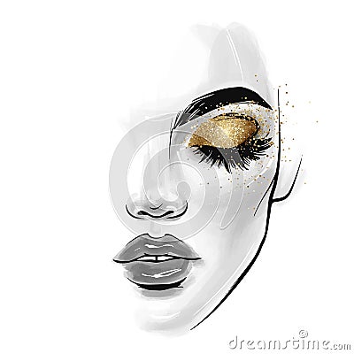 Vector beautiful young woman face. Fashion Sketch illustration Vector Illustration