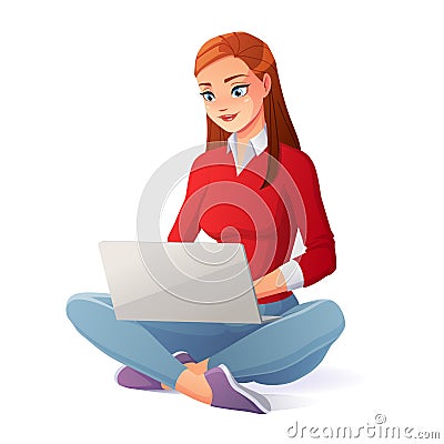 Vector beautiful young woman working with laptop sitting on floor. Vector Illustration