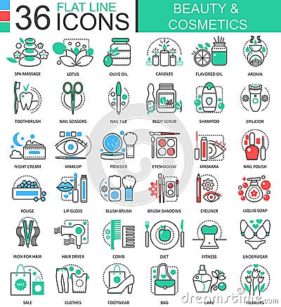 Vector Beauty cosmetics flat line outline icons for apps and web design. Beauty cosmetics tools icon. Vector Illustration