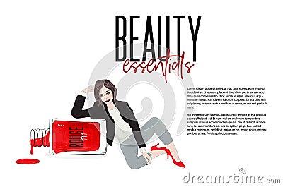 Vector beauty illustration: fashion girl sitting near nail polish bottle. Beuatiful woman in red high heels Vector Illustration