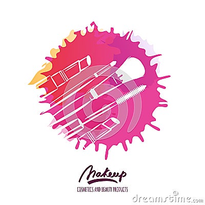 Vector beauty logo or label design. Hand drawn illustration of makeup brush, mascara and lipstick. Vector Illustration