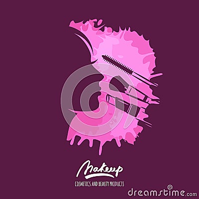 Vector beauty logo or label. Illustration of female profile with brush and lipstick. Vector Illustration