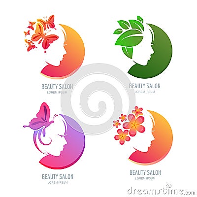 Vector beauty logo, label set. Female face in circle shape. Vector Illustration