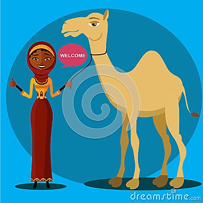 Vector - bedouin woman walking, leading a camel. Flat surprised business woman throwing up his hand. Vector Illustration