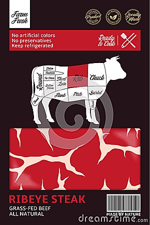 Vector beef packaging with beef cuts diagram Vector Illustration