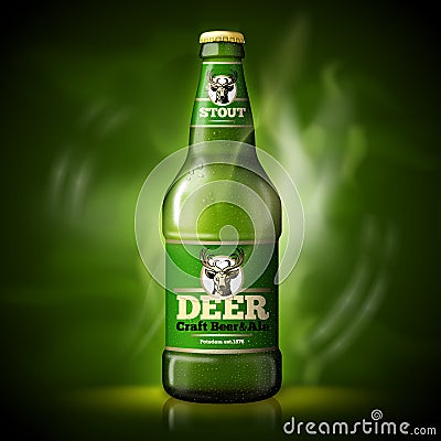 Vector Beer template, green bottle dark background Vector Illustration