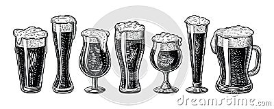 Vector beer glasses and mug. Hand drawn engraved vintage style. Vector Illustration