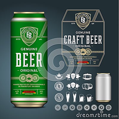 Vector beer label. Aluminium can mockup. Beer icons, badges, insignia Vector Illustration