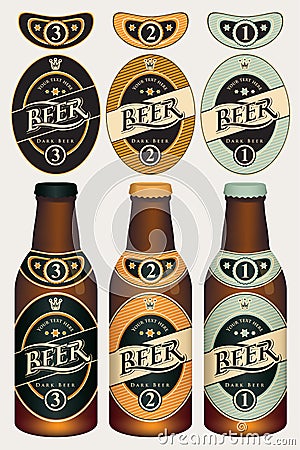 Vector beer labels for three beer glass bottles. Vector Illustration