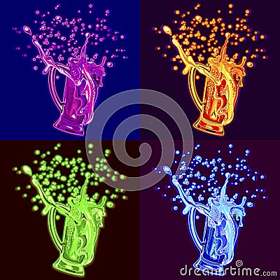 Beer in the style of pop art. Four neon colors : purple, yellow, orange, and blue. Vector Illustration