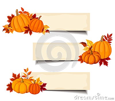 Vector beige banners with orange pumpkins and autumn leaves. Vector Illustration