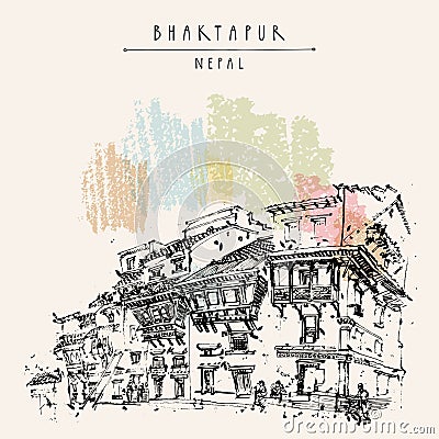 Vector Bhaktapur, Nepal, Asia postcard. Beautiful old house of spectacular architecture near Durbar square. Nice historical Vector Illustration