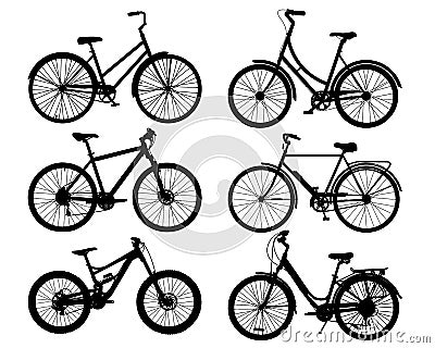 Bicycle silhouette set isolated on white background. Collection of realistic black bike silhouettes. Different style bicycles. JPG Cartoon Illustration