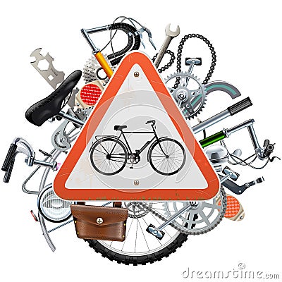 Vector Bicycle Spares Concept with Triangle Sign Vector Illustration