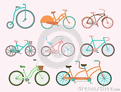 Vector bicycles vintage style old bike transport retro ride vehicle summer cycle transportation illustration Vector Illustration