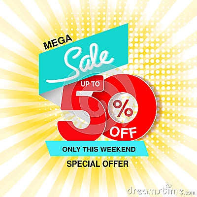 Vector big sale banner. Mega sale, up to 50 off. Red blue special offer only this weekend. Business template design on yellow str Vector Illustration