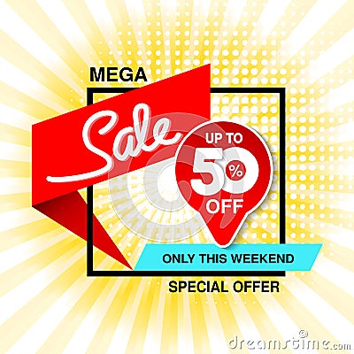 Vector big sale banner. Mega sale, up to 50 off. Red blue special offer only this weekend. Template design with black frame on ye Vector Illustration