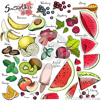 Vector big set of fruits and vegetables for detox smoothie. Hand drawn engraved colored elements. Vector Illustration