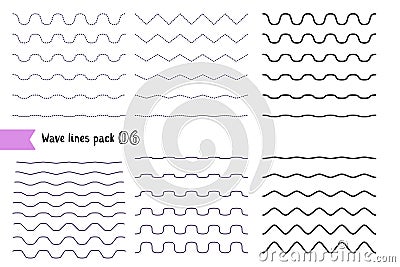 Vector big set of wavy - curvy and zigzag - criss cross horizontal lines with different bend. Graphic design elements variation d Vector Illustration